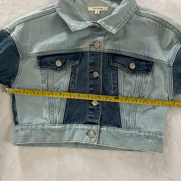 PacSun Y2K Style Blue Denim Cropped Jacket Distressed BOHO Patchwork Small - Picture 5 of 9